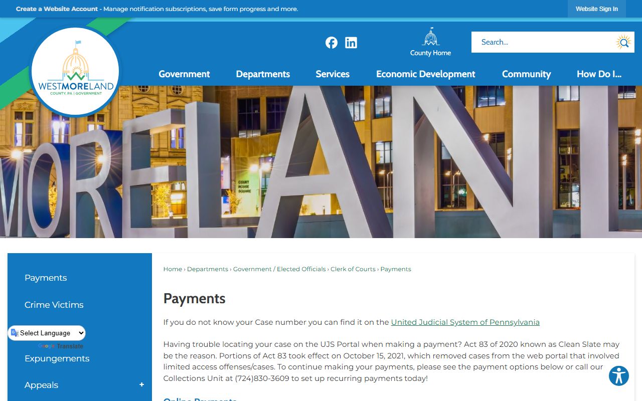 Westmoreland County Clerk of Courts criminal payment information