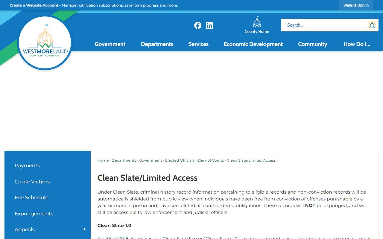 Westmoreland County Clerk of Courts Clean Slate limited access page