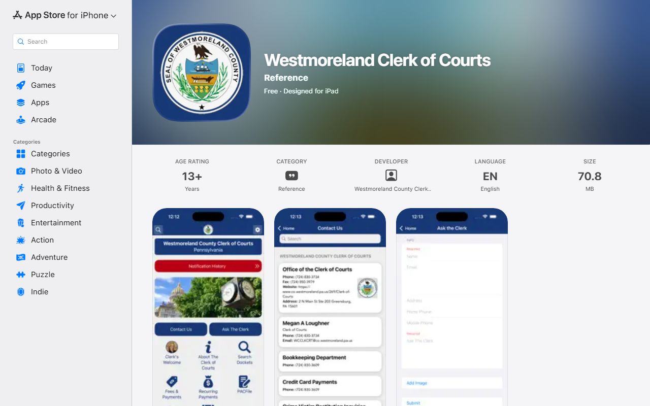 Westmoreland County Clerk of Courts iOS app listing