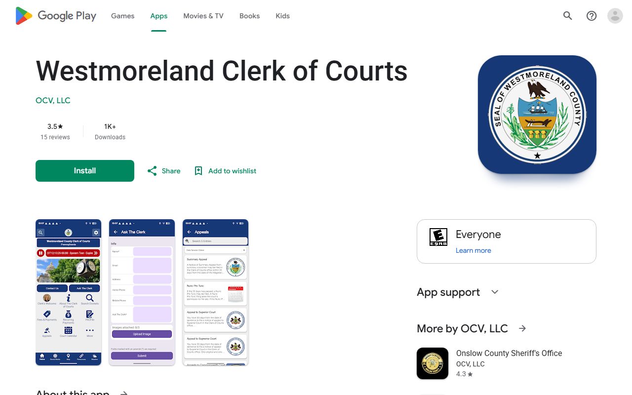 Westmoreland County Clerk of Courts Android app listing