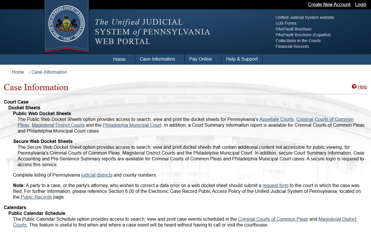 Westmoreland County court dockets UJS case information page