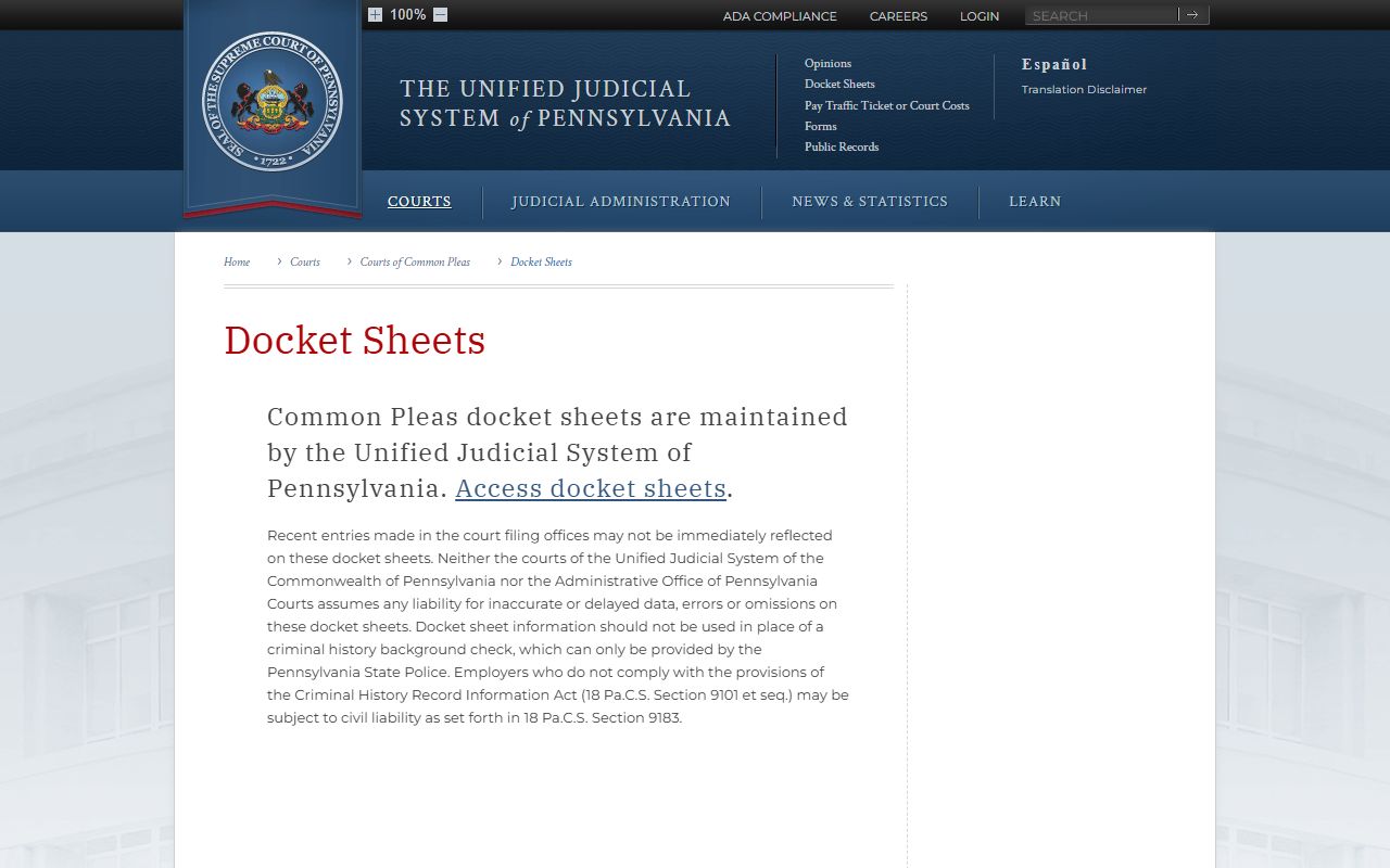 Westmoreland County court dockets UJS docket sheets page