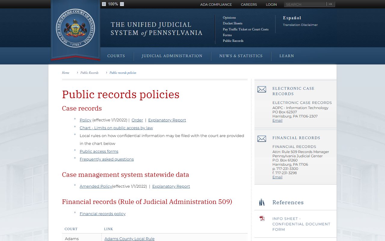 Westmoreland County court records public records policy page