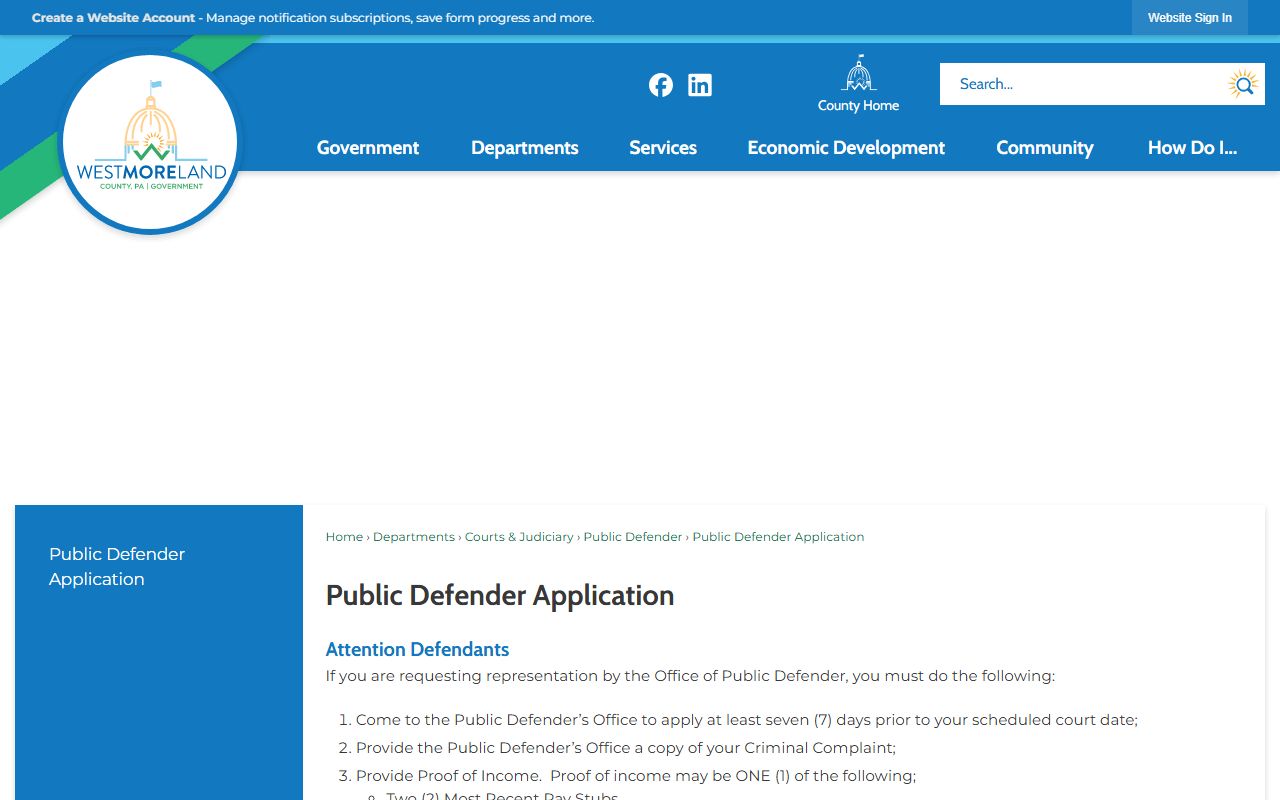 Westmoreland County criminal court records Public Defender application instructions