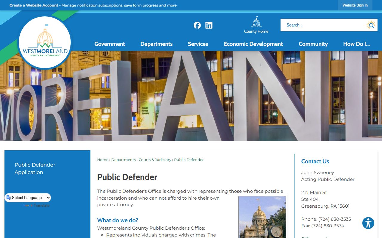 Westmoreland County criminal court records Public Defender office page