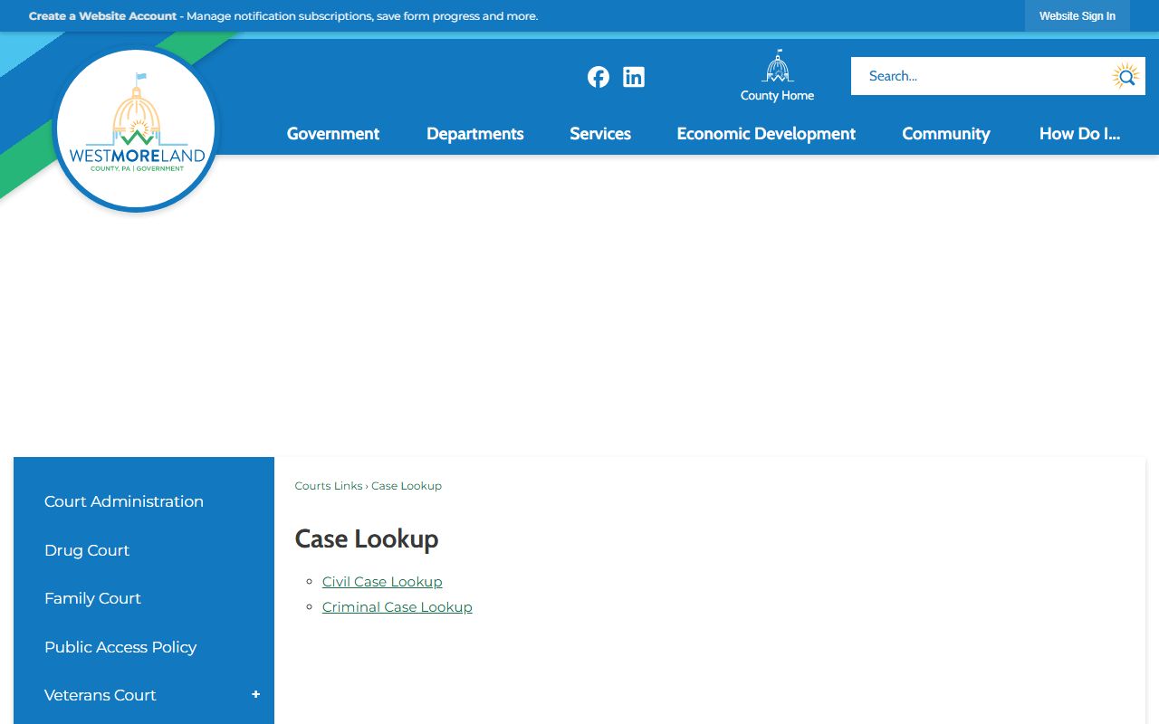 Westmoreland County court records case lookup page