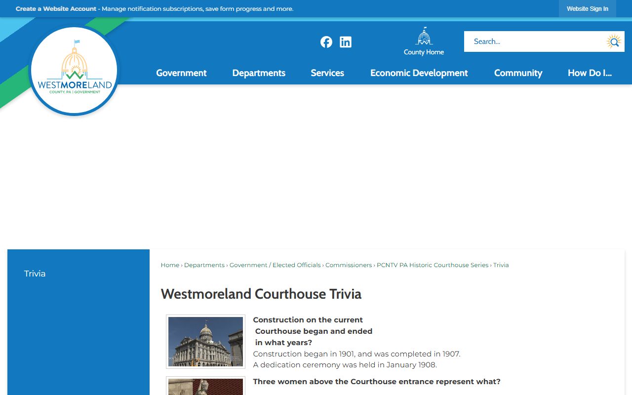 Westmoreland County court records courthouse history page