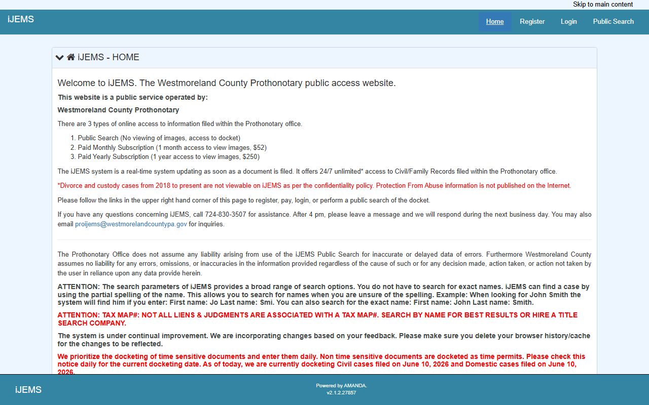 Westmoreland County divorce records iJEMS civil family search portal