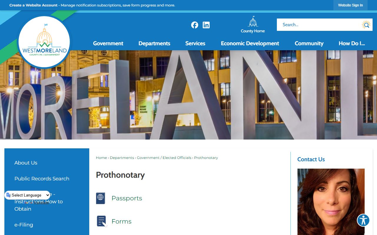Westmoreland County marriage and divorce records Prothonotary page
