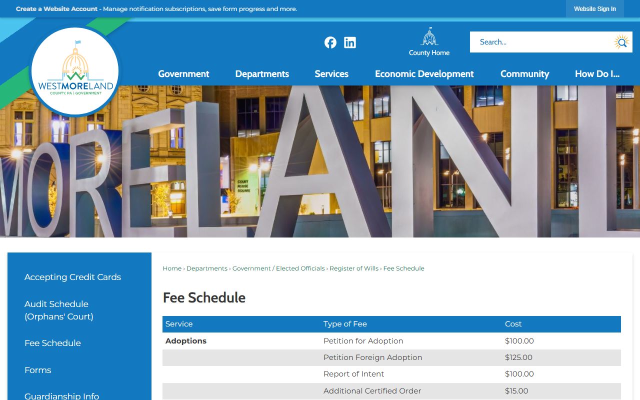 Westmoreland County probate records fee schedule