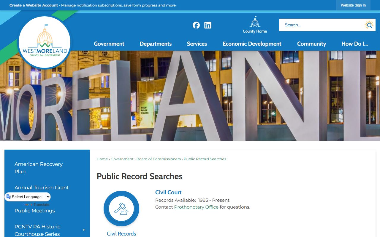 Westmoreland County probate records public record search page