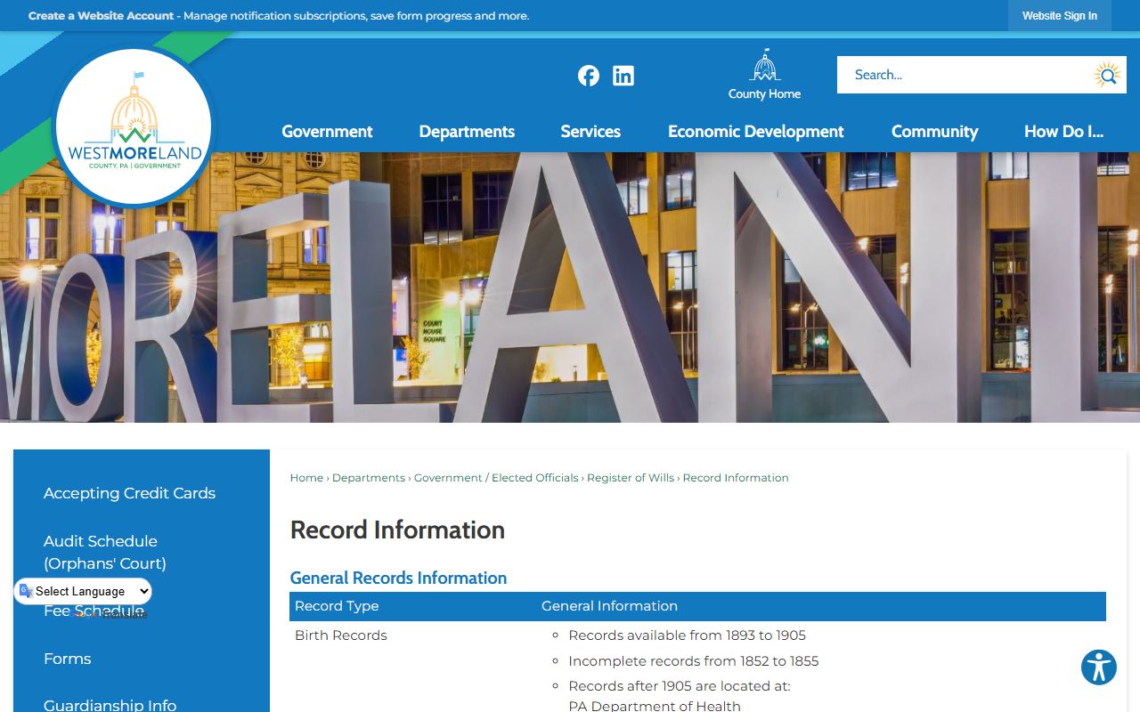 Westmoreland County probate records date ranges and search information
